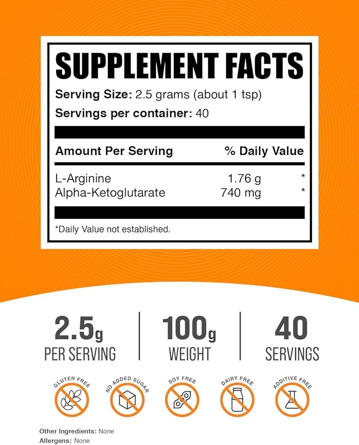 BulkSupplements.com AAKG Powder - Arginine AKG Supplement,Nitric Oxide Supplement - Unflavored & Gluten Free, 2.5g per Serving, 100g (3.5 oz) (Pack of 1)