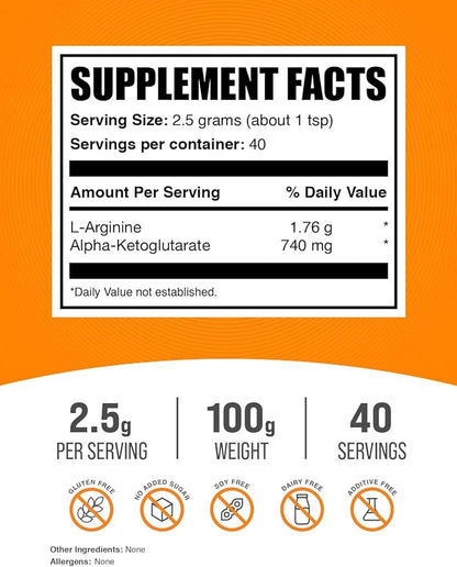 BulkSupplements.com AAKG Powder - Arginine AKG Supplement,Nitric Oxide Supplement - Unflavored & Gluten Free, 2.5g per Serving, 100g (3.5 oz) (Pack of 1)
