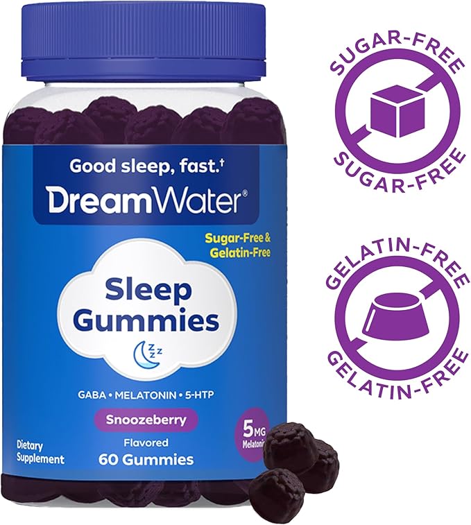 Dream Water Sleep Gummies; Melatonin 5mg, GABA, 5-HTP; Natural Flavors and Colors; Helps You to Fall Asleep, Fast and Wake Refreshed, Snoozeberry, 60 Gummies