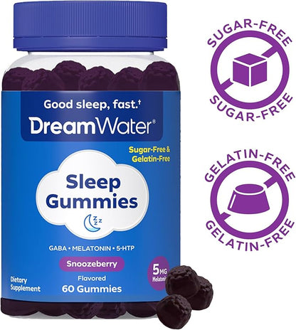 Dream Water Sleep Gummies; Melatonin 5mg, GABA, 5-HTP; Natural Flavors and Colors; Helps You to Fall Asleep, Fast and Wake Refreshed, Snoozeberry, 60 Gummies