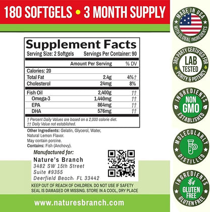 Best Triple Strength Omega 3 Fish Oil Pills - 180 Capsules - 2400mg High Potency Burpless Lemon Flavor 864mg EPA 576mg DHA Ultra Pure Liquid Softgels for Brain Joints Eyes Heart Health Supplement