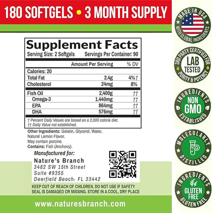 Best Triple Strength Omega 3 Fish Oil Pills - 180 Capsules - 2400mg High Potency Burpless Lemon Flavor 864mg EPA 576mg DHA Ultra Pure Liquid Softgels for Brain Joints Eyes Heart Health Supplement
