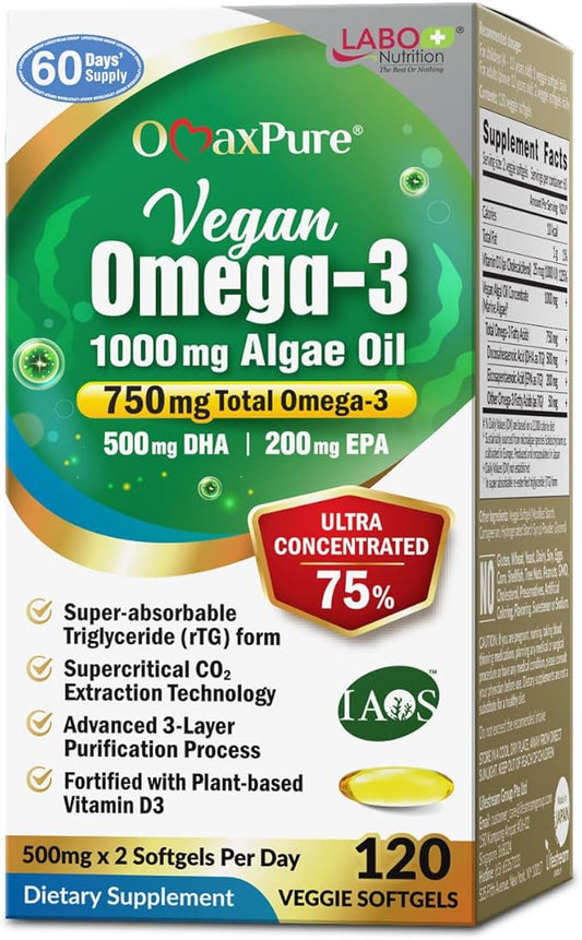 LABO Nutrition Vegan Omega 3 Algae Oil - Plant Based Fish Oil Alternative 750mg Omega-3 500mg DHA & 200mg EPA - Non-GMO & IAOS Certified - Heart, Brain, Eye, Immune, Joint Support 120 Softgels