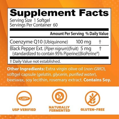 Doctor's Best High Absorption CoQ10 with BioPerine, Gluten Free Naturally Fermented, Heart Health & Energy Production, 100 mg, 60 SoFtgels