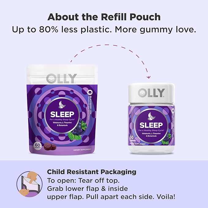 OLLY Sleep Gummy, 3 mg Melatonin, L-Theanine, Chamomile, and Lemon Balm Extracts, Blackberry Flavor, 30 Day Supply - 60 Count
