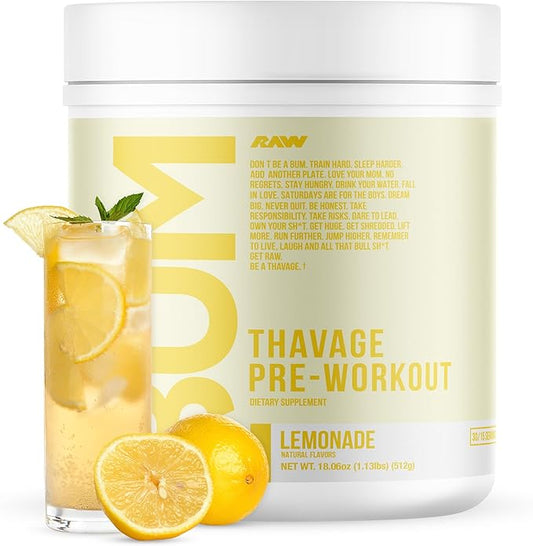 RAW Pre Workout Powder, Thavage (Lemonade) - Chris Bumstead Sports Nutrition Supplement for Men & Women - Cbum Pre Workout for Working Out, Hydration, Mental Focus & Energy - 40 Servings