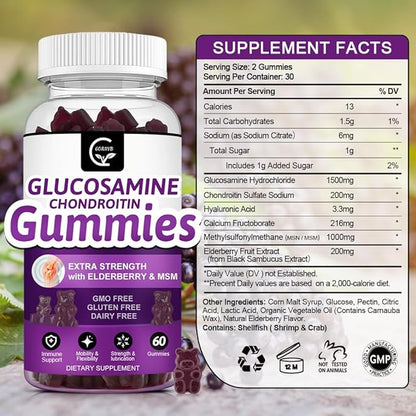 Glucosamine Chondroitin Gummies with MSM & Elderberry – Extra Strength Mobility & Flexibility Support, Antioxidant Immune Supplement for Adults, Men & Women - 60 Chondroitin Gummies (3 Pack)
