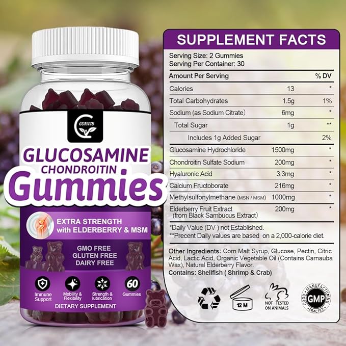 Glucosamine Chondroitin Gummies with MSM & Elderberry – Extra Strength Mobility & Flexibility Support, Antioxidant Immune Supplement for Women & Men
