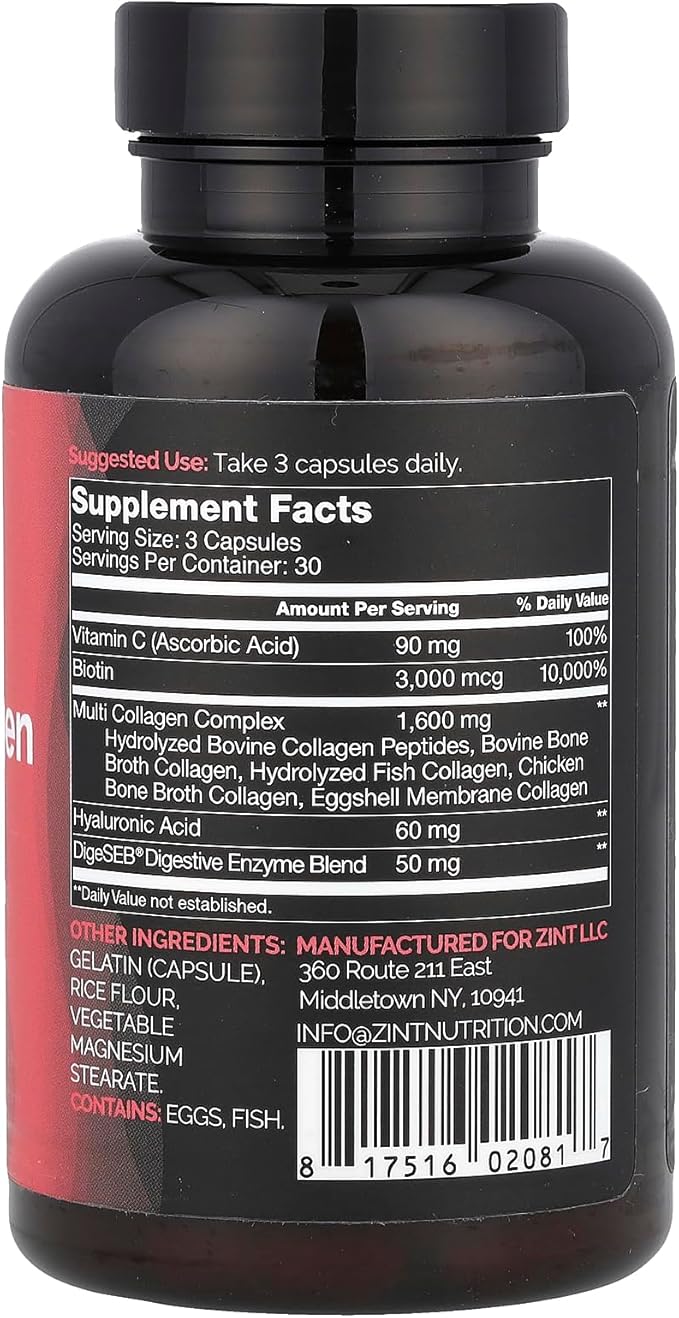 Zint Multi Collagen Pills - Collagen Supplements for Hair, Skin, Nails & Joint Health - Hydrolyzed Collagen Supplement with Type I, II, III, V, X Collagen Peptides, 90 Count
