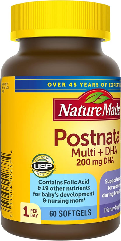 Nature Made Postnatal Multivitamin + DHA 200 mg, Postnatal Vitamins for Breastfeeding Moms & Babies, Vitamins & Nutrients Include Iron, Vitamin D3, Calcium, Iodine and More, 60 Softgels