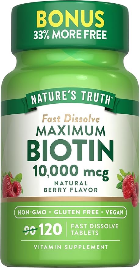 Nature's Truth Biotin 10000mcg | 120 Fast Dissolve Tablets | Maximum Strength | Natural Berry Flavor | Vegan, Non-GMO & Gluten Free Supplement