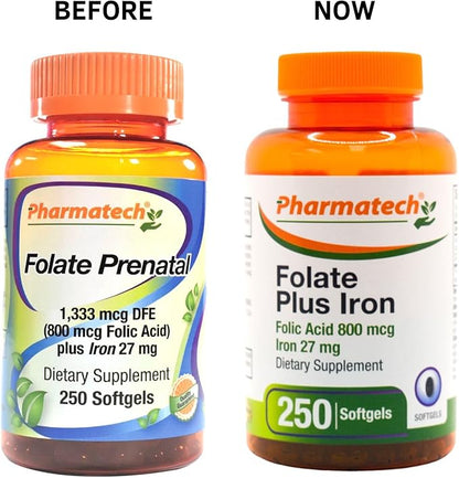 Folic Acid 800 mcg Plus Iron 27 mg Supplement for Women, Vitamin B9, Folate Prenatal, Fast Absorption, Made in USA, 250 Softgels