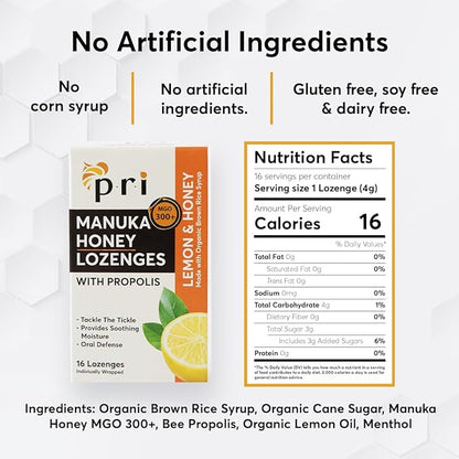 P.R.I Manuka Honey Lozenges with Propolis, Soothing Cough and Throat Drops, MGO 300+ Certified, (Lemon, 16 Count)