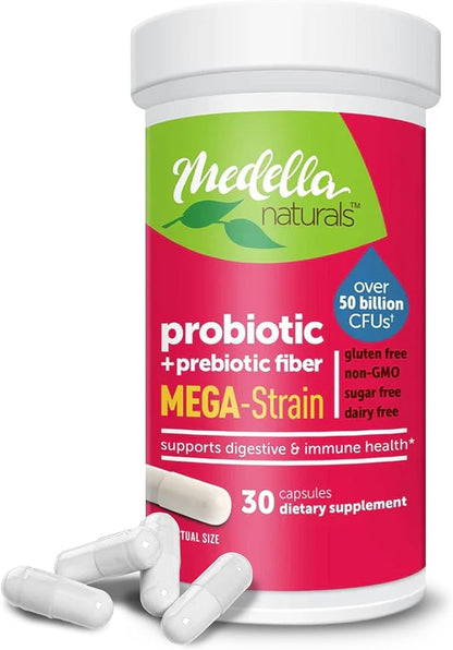 Mega-Strain 50 Billion CFU Probiotics + Prebiotics 30 Caps Probiotics for Women & Men - Maintain Good Flora Probiotic & Digestive Health - No Refrigeration Required Probiotics Lactobacillus Rhamnosus