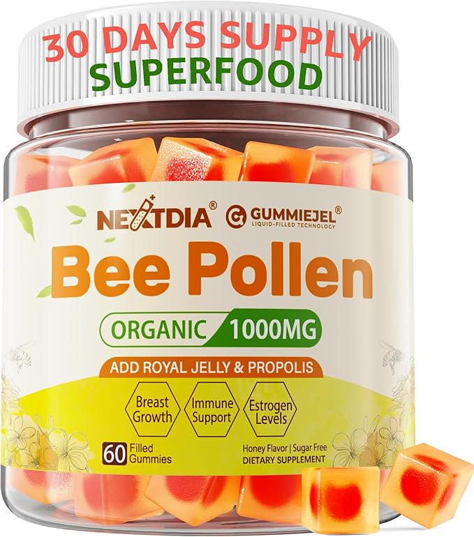 Bee Pollen Organic 1000mg, w/Propolis, Royal Jelly, Sugar Free Bee Pollen Gummies Rich in B-Vitamin, Antioxidants, Amino Acids, Bee Pollen Supplement for Energy, Skin & Immune (1 Pack)