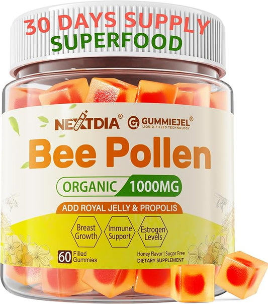Bee Pollen Organic 1000mg, w/Propolis, Royal Jelly, Sugar Free Bee Pollen Gummies Rich in B-Vitamin, Antioxidants, Amino Acids, Bee Pollen Supplement for Energy, Skin & Immune (1 Pack)