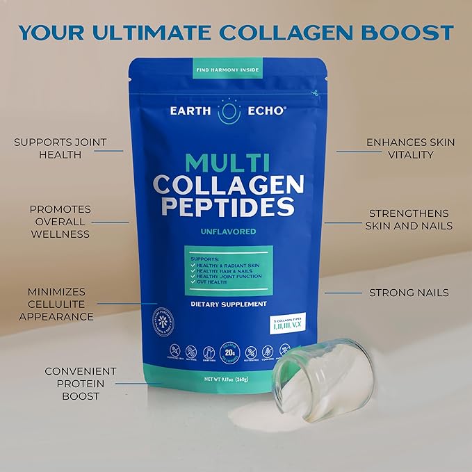 Earth Echo Multi Collagen Peptides, Hydrolyzed Collagen with Vitamin C and Hyaluronic Acid, Supports Radiant Skin, Healthy Joints, Gut Health and Immune Function, Dairy-Free, 26 Servings