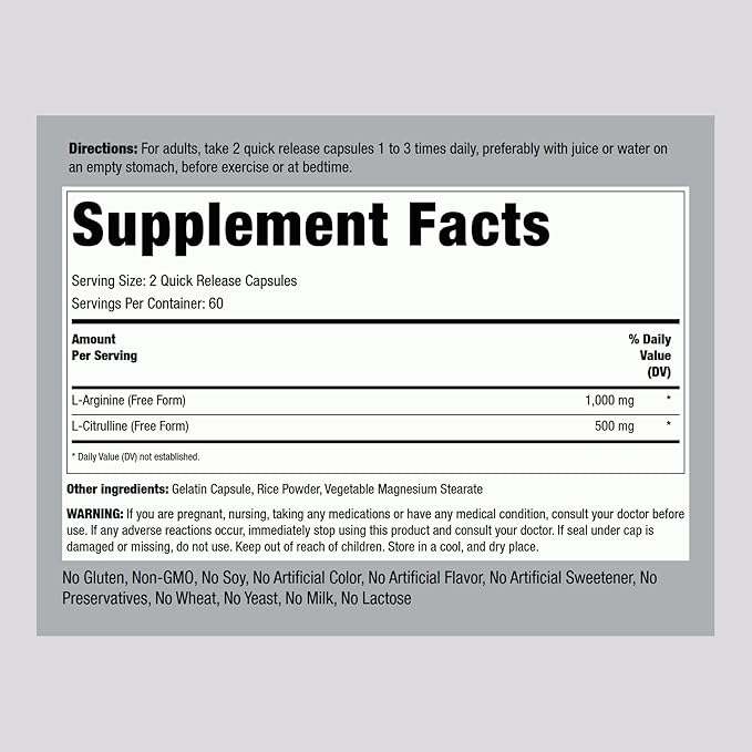 Piping Rock L-Arginine L-Citrulline Supplement | 1000 mg | 120 Capsules | Pre Workout | Free Form | Non-GMO, Gluten Free