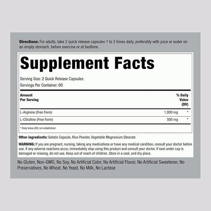 Piping Rock L-Arginine L-Citrulline Supplement | 1000 mg | 120 Capsules | Pre Workout | Free Form | Non-GMO, Gluten Free