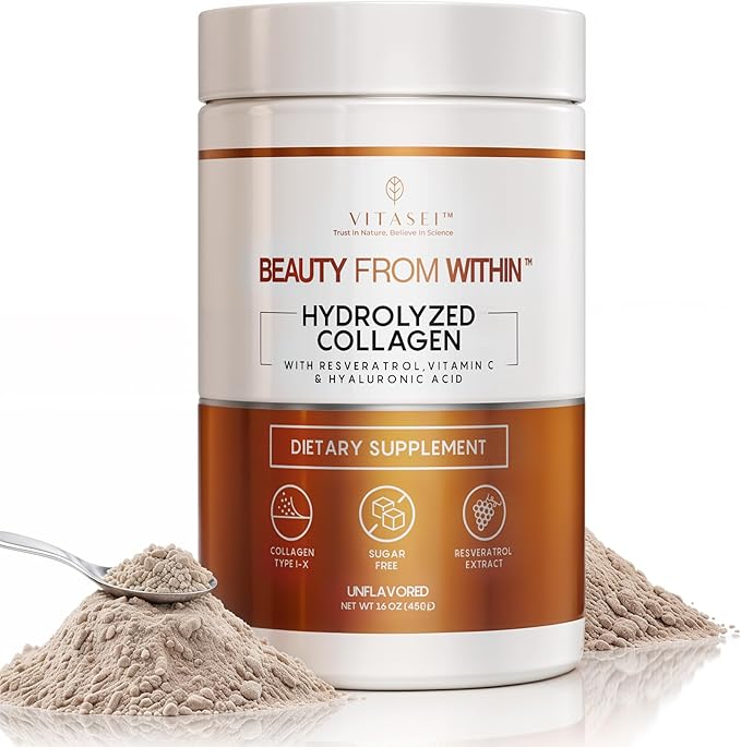 Hydrolyzed Collagen Peptides Powder with Vitamin C & Resveratrol - Hair, Skin and Nails Vitamins for Women & Men - Bone and Joint Supplement - Unflavored - 16 oz