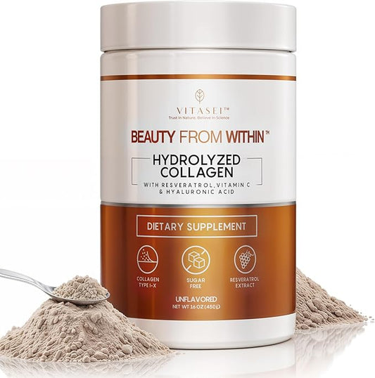 Hydrolyzed Collagen Peptides Powder with Vitamin C & Resveratrol - Hair, Skin and Nails Vitamins for Women & Men - Bone and Joint Supplement - Unflavored - 16 oz