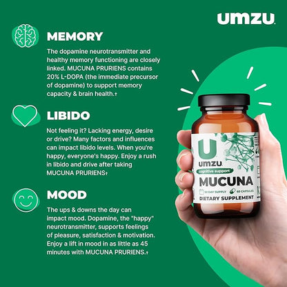 UMZU Mucuna Pruriens - Dopamine Production Support - Brain, Well-being & Memory Health - Antioxidants & Hormone Support - 30 Day Supply - 60 Capsules