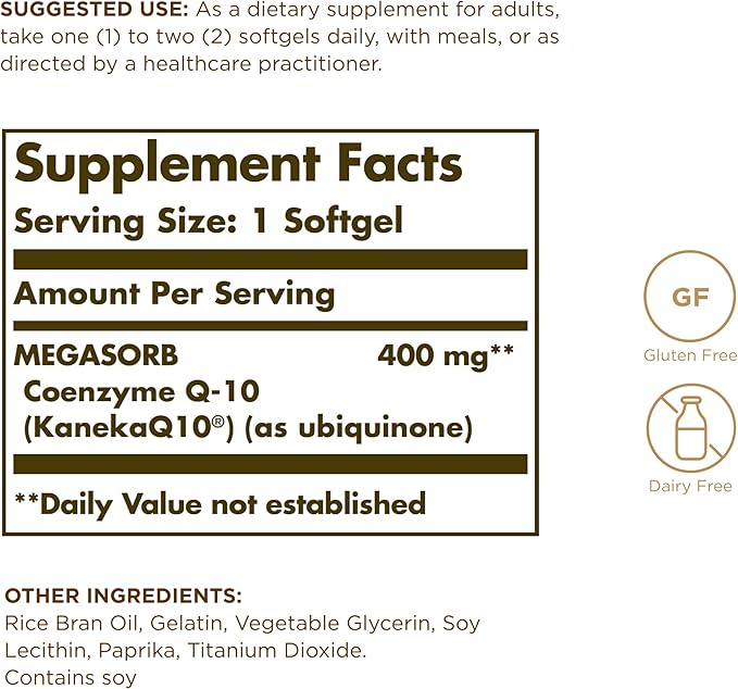 SOLGAR Megasorb CoQ-10 400 mg - 30 Softgels - Enhanced Absorption - Gluten Free, Dairy Free - 30 Servings