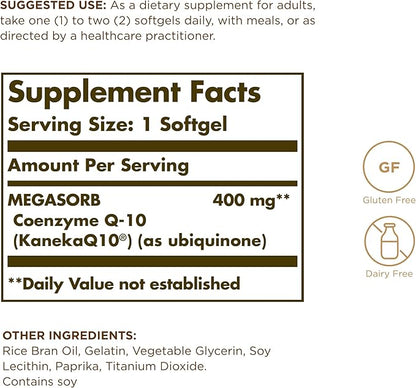 SOLGAR Megasorb CoQ-10 400 mg - 30 Softgels - Enhanced Absorption - Gluten Free, Dairy Free - 30 Servings
