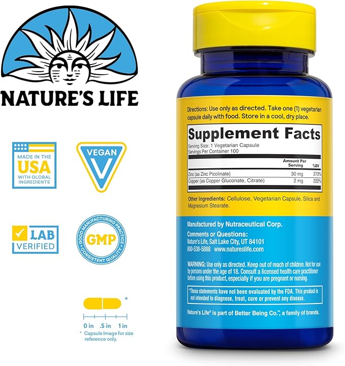 Nature's Life Zinc Picolinate 30mg Plus 2mg of Copper - Chelated Zinc Supplement for Immune, Cardiovascular, Skin, Cellular Function, and Muscle Support - 60-Day Guarantee - 100 Servings, 100 Capsules