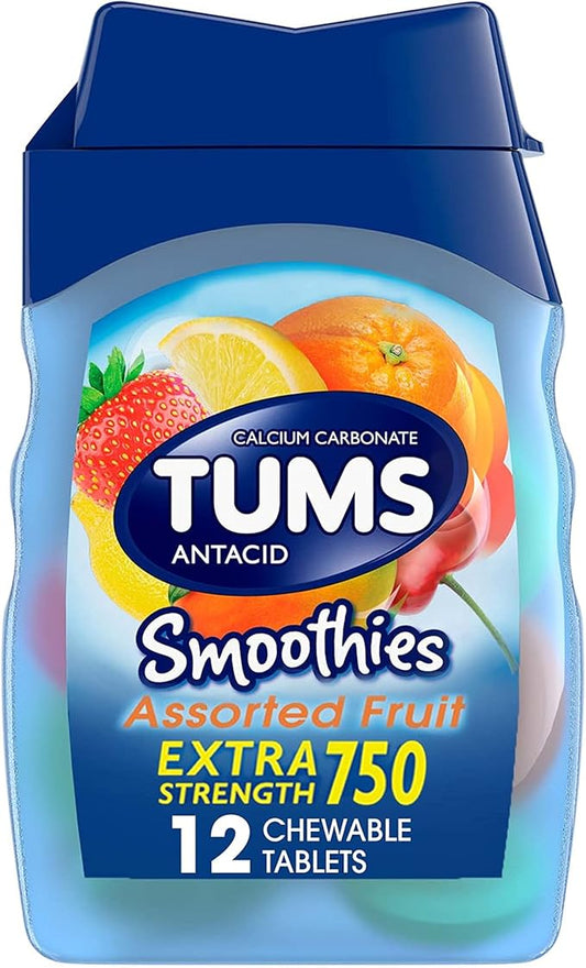 TUMS Smoothies Extra Strength Antacid Chewable Tablets for Heartburn Relief, Assorted Fruit - 12 Count