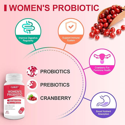 Women's Probiotics120 Billion CFUs 18 Strains 3 Prebiotics & Digestive Enzymes Contains Organic Prebiotic Cranberry Women's Health Digestive & Immune Support Non-GMO Soy Gluten Dairy Free