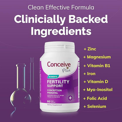 CONCEIVE PLUS Women's Fertility Support: Conception Prenatal Supplements for Her, Aids Hormonal Balance, & Regular Cycles - Folic Acid, B12, Zinc, Biotin, Non-GMO - 60 Vegetarian Soft Capsules
