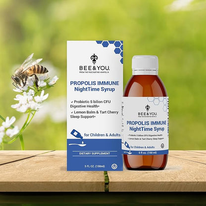 Bee and You Propolis Nighttime Syrup with Probiotic, Vitamin C, and Elderberry - Gentle Formula for Adults & Kids, 5 Fl Oz