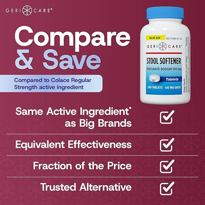 GeriCare Docusate Sodium Stool Softeners, Best Stool Softener for Daily use for Women, Men, and Elderly - Ideal for Constipation Relief 100mg Crushable Tablets. (200 Count) Made in The USA.