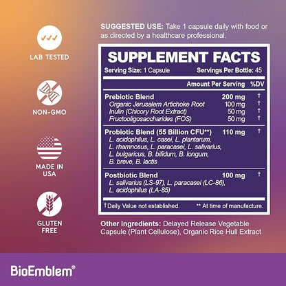 BioEmblem Probiotics for Women & Men – 55 Billion CFU | 11 Strains with Prebiotics & Postbiotics | Jerusalem Artichoke & Inulin | Digestive & Immune Support, Nutrient Absorption | Non-GMO,45 Capsules