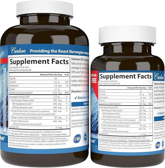 Carlson - Salmon Oil Complete, 700 mg Omega-3s + Astaxanthin, Norwegian, Heart, Brain & Joint Health, 120+60 Softgels