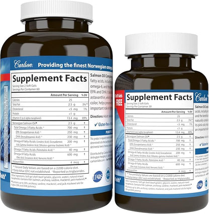 Carlson - Salmon Oil Complete, 700 mg Omega-3s + Astaxanthin, Norwegian, Heart, Brain & Joint Health, 120+60 Softgels