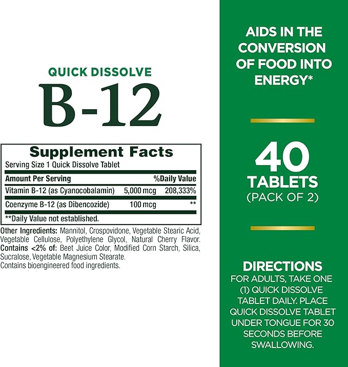 Vitamin B12 by Nature's Bounty, Quick Dissolve Vitamin Supplement, Supports Energy Metabolism and Nervous System Health, 5000mcg, 40 Tablets (Pack of 2)