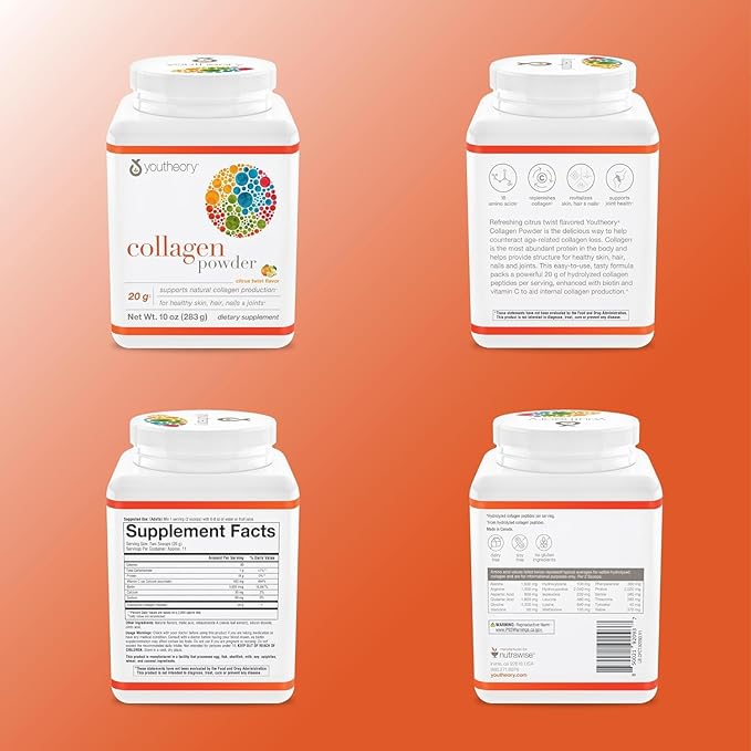 Youtheory Collagen Powder - Premium Collagen Supplement with Vitamin C & Biotin - Healthy Hair, Nails, Skin & Joints* - Hydrolyzed & Highly Absorbable - Dairy, Soy & Gluten Free - Citrus Twist - 10 oz