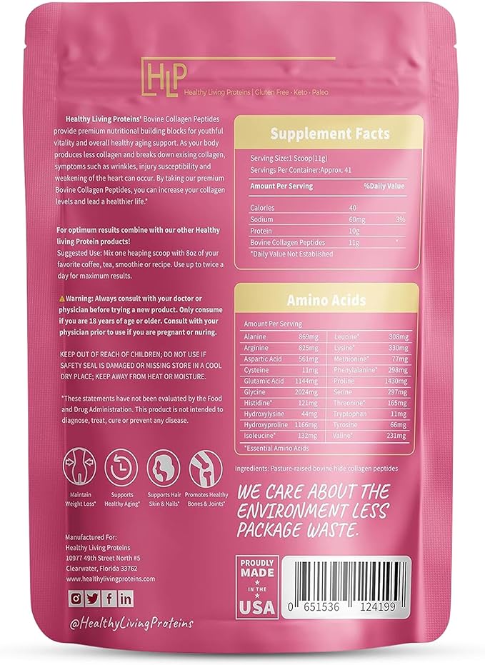 Healthy Living Proteins - Hydrolyzed Bovine - Protein Collagen Type 1 & 3 Unflavored -Collagen Powder - Grass Fed, Pastured Rasied - Bovine Peptides - Keto & Paleo - Gluten Free (Unflavored 16 oz)