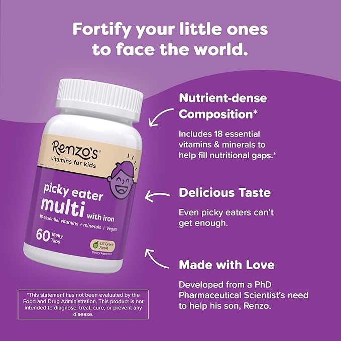 Renzo's Picky Eater Kids Multivitamin with Iron, Dissolving Kids Vitamins with Vitamin D3 and K2 and More, 60 Sugar-Free Melty Tabs, Lil’ Green Apple Flavored