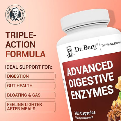 Dr. Berg Advanced Digestive Enzymes with Apple Cider Vinegar - Includes Digestive Health Ingredients Like Betaine Hydrochloride (HCI), Ginger Root & Peppermint Leaf - 180 Capsules