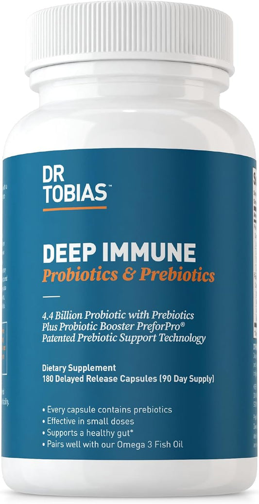 Dr. Tobias Deep Immune Probiotics & Prebiotics, Dual Action Digestion & Immune Support with PreforPro Prebiotics & Delayed Release Spore Forming Probiotics for Women & Men, 180 Capsules, 90 Servings