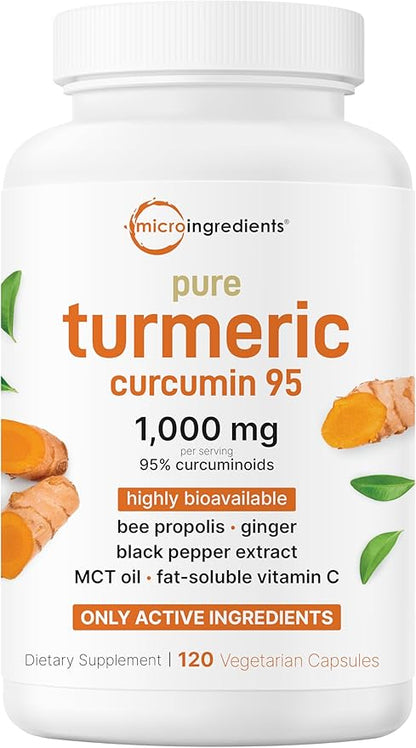 Pure Turmeric Curcumin Supplement 1,000mg | 95% Curcuminoids | 120 Veggie Capsules | Joint Support with Bee Propolis, MCT Oil, Fat-Soluble Vitamin C & Black Pepper for Better Absorption | Filler Free