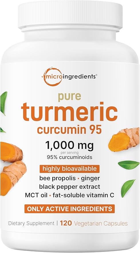 Pure Turmeric Curcumin Supplement 1,000mg | 95% Curcuminoids | 120 Veggie Capsules | Joint Support with Bee Propolis, MCT Oil, Fat-Soluble Vitamin C & Black Pepper for Better Absorption | Filler Free