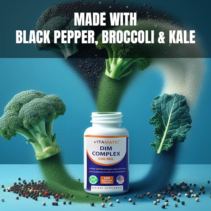 Vitamatic DIM Supplement Complex for Women & Men - 300mg - 120 Veg Capsules - Made with Black Pepper, Broccoli Powder & Kale Powder - Non-GMO & Gluten Free - Supports Hormonal Balance