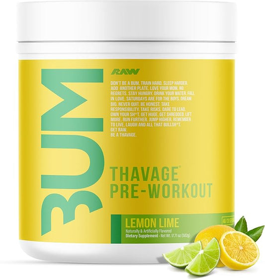 RAW Preworkout Powder, Thavage (Lemon Lime) - Chris Bumstead Sports Nutrition Supplement for Men & Women - Cbum Pre Workout for Working Out, Hydration, Mental Focus & Energy - 40 Servings