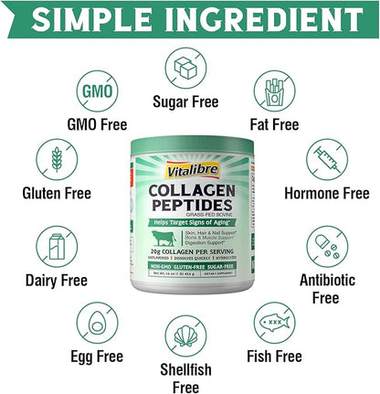 Bovine Collagen Peptides Powder for Women and Men, Grass-Fed Hydrolyzed Collagen Protein Type I & III, Skin, Hair, Nails, Bones, Digestion, Unflavored, Non-GMO, Keto & GF, 22 Servings, 16oz