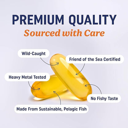 Triple Strength DHA Omega 3 Fish Oil 3600 mg | Over 2100mg Omega-3 Fatty Acids with 860mg of DHA | 1300mg EPA | Best Essential Fatty Acids | Premium Wild Caught & Burpless Fish Oil | 120 Softgels