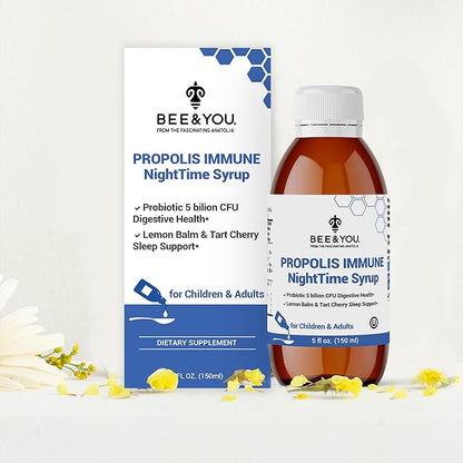 Bee and You Propolis Nighttime Syrup with Probiotic, Vitamin C, and Elderberry - Gentle Formula for Adults & Kids, 5 Fl Oz